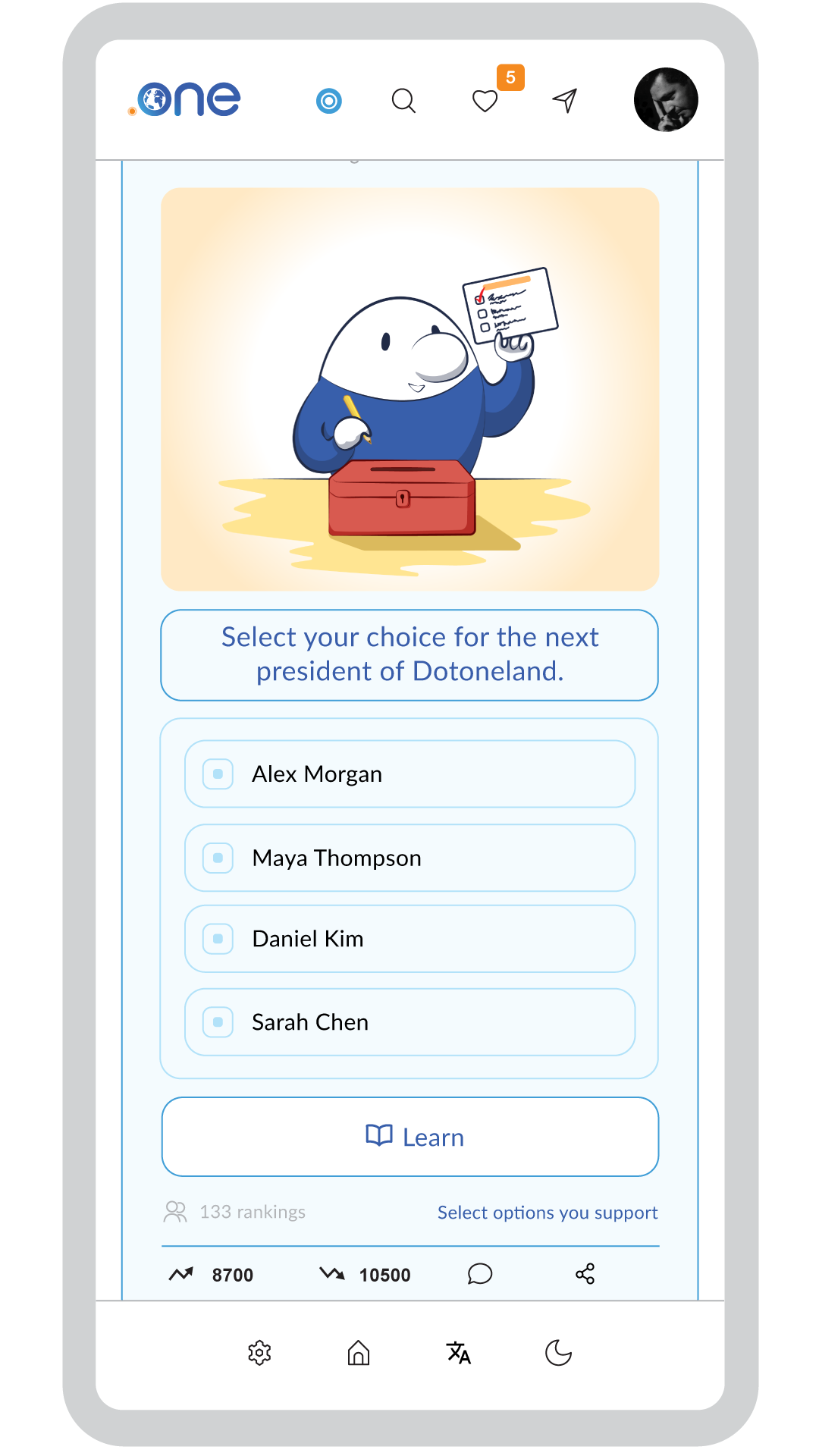 Elections poll preview in the .one app